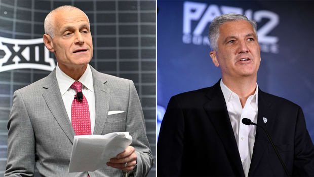 Big 12 commissioner Brett Yormark and Pac-12 commissioner George Kliavkoff.